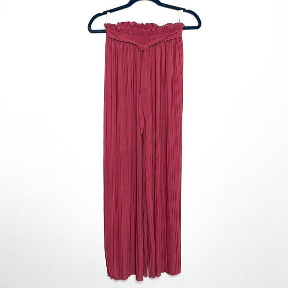 Pink High-Waisted Pleated Wide-Leg Pants with Tie Belt, Size 2 - Picture 1 of 7